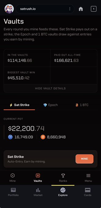 A mobile screenshot of satrush.io's Vaults page displaying Bitcoin mining statistics, including $114,146.66 in the vaults and a current Sat Strike pot of $22,200.74.