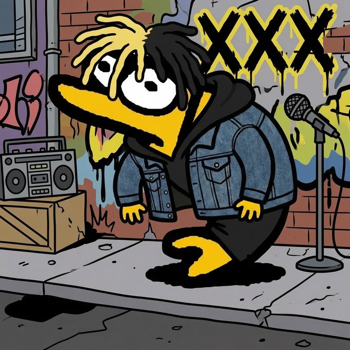 A cartoon illustration of a duck-like character with messy hair wearing a denim jacket stands in a graffiti-covered urban setting with a boombox and microphone.