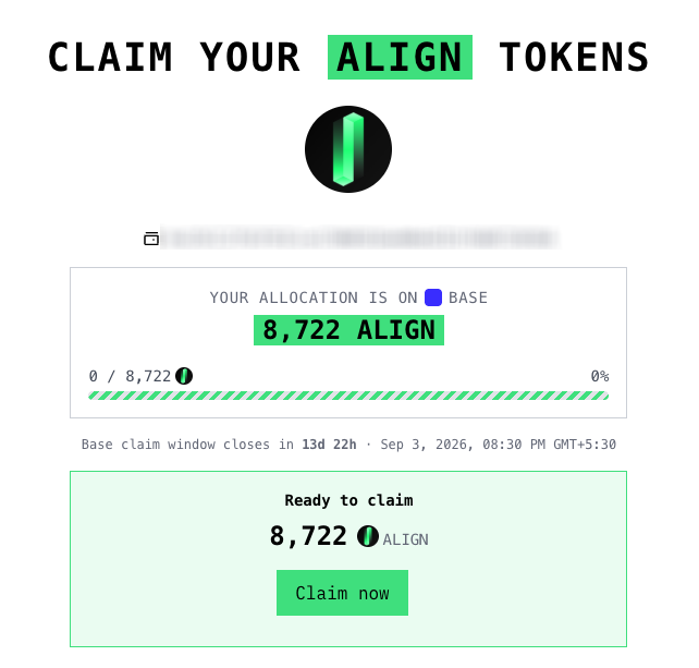 A screenshot of the Aligned (ALIGN) airdrop claim page showing an allocation of 8,722 ALIGN tokens ready to claim on the Base network, with a claim window closing in 13 days on September 3, 2026. The page displays a green "Claim now" button beneath the allocation details, corresponding to the post about the live Aligned airdrop claim.