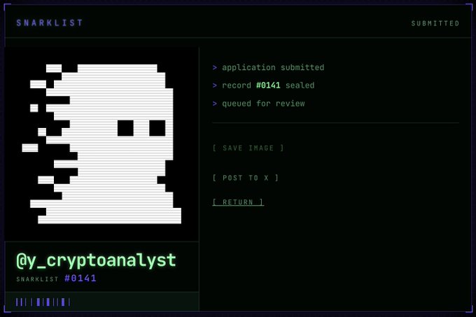 The image displays a "Snarklist" submission confirmation page for SNARKLIST #0141 submitted by @y_cryptoanalyst, featuring a pixelated skull-like image and status indicators showing "application submitted," "record #0141 sealed," and "queued for review."

This relates to the post by illustrating the official Snarklist NFT minting/submission portal tied to Zcash's ecosystem, where contributors receive priority whitelist access to mint these "LUMINAR" NFTs as recognition for their role in Zcash's inner circle.