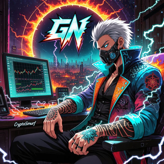 A vibrant digital illustration of a white-haired, masked anime-style character with tattoos sitting at a computer showing crypto charts, with 'CN' logo and 'CryptoSmurf' watermark visible.