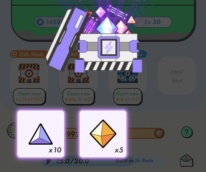 The image shows a STEPN game interface featuring a glowing treasure chest with a lightning bolt emblem bursting with colorful gems, above reward boxes priced at 6335.27 GST, 5306.31 GST, and 918.15 GST, with selectable loot rewards of 10 purple gems and 5 orange gems (x10 and x5).

This relates to the post about needing to organize/clean up items in STEPN and STEPNGO, as the image displays the in-game inventory and loot box rewards waiting to be claimed and sorted.