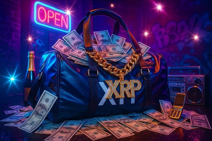 A stylized, neon-lit illustration featuring a duffel bag emblazoned with "XRP" overflowing with hundred-dollar bills and a gold chain, set against a backdrop with an "OPEN" sign and a boombox.