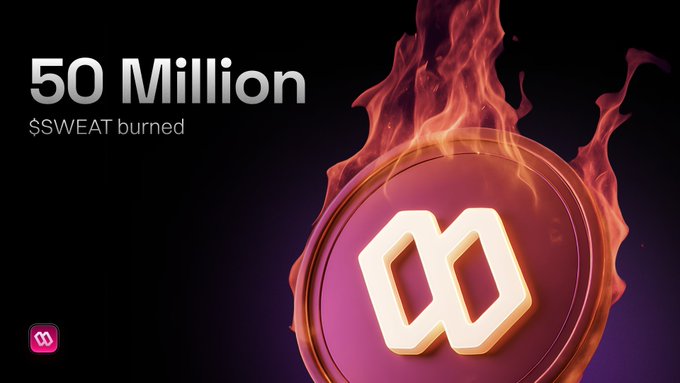 A coin emblazoned with the $SWEAT logo is engulfed in flames, accompanying bold text announcing "50 Million $SWEAT burned"—a striking visual reinforcement of the message that 50,000,000 $SWEAT tokens have been permanently removed from circulation to strengthen the ecosystem.