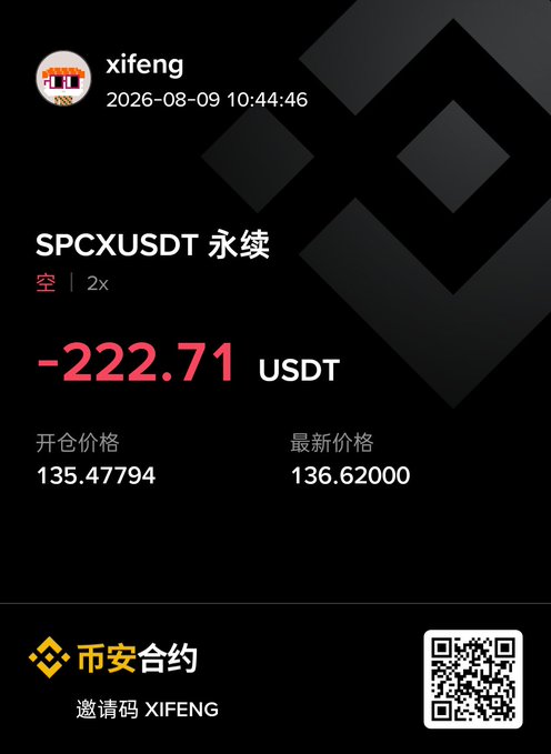 A trading platform screenshot showing a perpetual futures position for "SPCXUSDT" with a loss of -222.71 USDT, open price 135.47794, and current price 136.62000, under the username "xifeng."