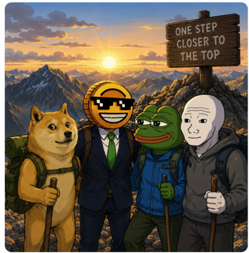 The image features a group of cartoon characters standing together at the top of a mountain. There are four main characters - two men wearing suits, one man with glasses (possibly Pepe), and another man with a backpack. The scene takes place during sunset, creating a warm and inviting atmosphere. The post reads "One step closer to the top", which suggests that they have made progress in their journey or are about to embark on an important milestone. The characters appear to be enjoying themselves as they take a break from their hike at this point.