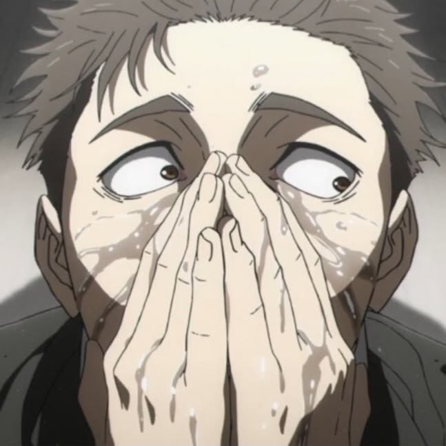 An anime-style close-up shows a young man with spiky brown hair and wide, teary eyes covering his face with both hands in an emotional reaction.
