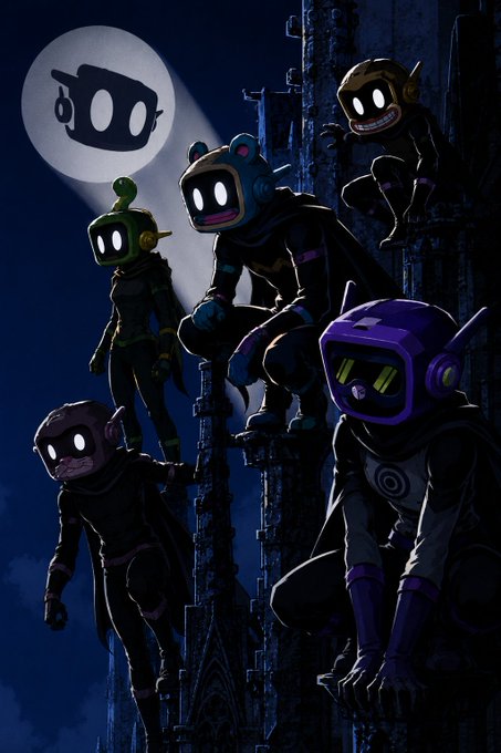 Dark illustration featuring five robotic figures with glowing TV-like heads and headphone helmets perched on a gothic structure, with a large moon in the background displaying a face logo.