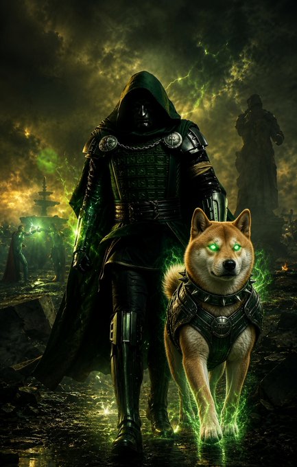 A digital illustration depicts a hooded warrior in dark armor standing alongside a Shiba Inu dog with glowing green eyes, surrounded by green energy.