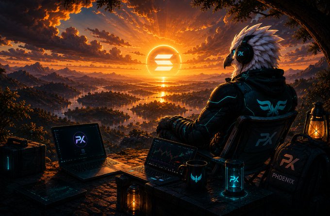A digital illustration shows an eagle-headed character in black tactical gear with 'PX' branding sitting at a setup with laptops and a 'PHOENIX' box, overlooking a sunset landscape with a Solana logo in the sky.