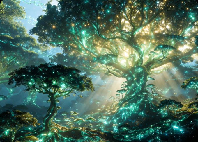 The image features a tree with green leaves, surrounded by other trees and plants. The scene appears to be set in a forest or jungle-like environment, where there are multiple trees and foliage. The main focus of the image is on the tree itself, which has a unique appearance due to its glowing green leaves. This glowing effect could be attributed to the presence of light sources within the image that enhance the visual appeal and create an ethereal atmosphere.