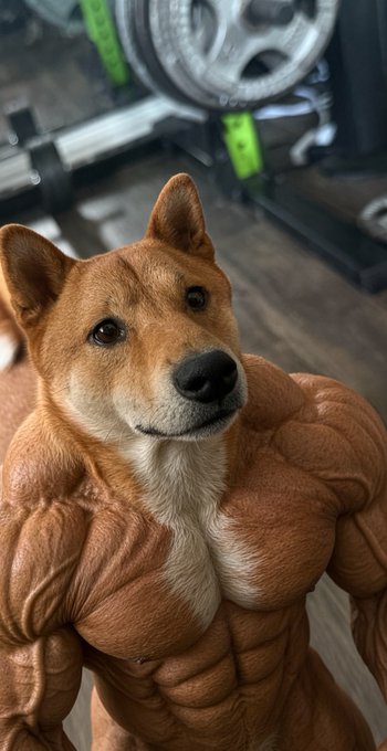 A digitally altered image showing a Shiba Inu dog's face attached to a highly muscular, bodybuilder physique standing in a gym.