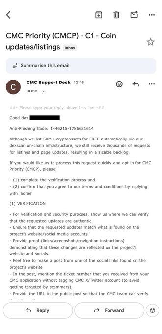A screenshot of an email from "CMC Support Desk" at 12:46 regarding "CMC Priority (CMCP) - C1 - Coin updates/listings," containing instructions for verification of cryptocurrency listings on CoinMarketCap. The email includes an anti-phishing code (1446215-1786621614) and outlines verification steps such as proving requested updates match the project's website, providing screenshots, and ensuring changes are reflected publicly. This image supports the post by showing the official process being initiated to get $TURBO listed on CMC.