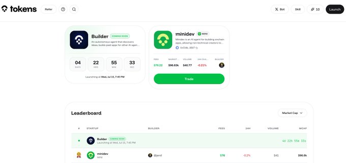 A webpage for the 'tokens' platform displays a leaderboard featuring 'Builder' and 'minidev' with details like market cap, fees, 24h volume, and an AI agent token bundling tool.