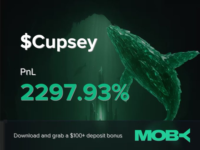 The image is a promotional graphic for Moby featuring a trader with the handle "$Cupsey" displaying an impressive PnL of +2297.93% in bold green text against a dark underwater-themed background with a whale sculpture. The graphic includes a call-to-action at the bottom reading "Download and grab a $100+ deposit bonus" alongside the Moby logo, highlighting the platform's notable trading win.