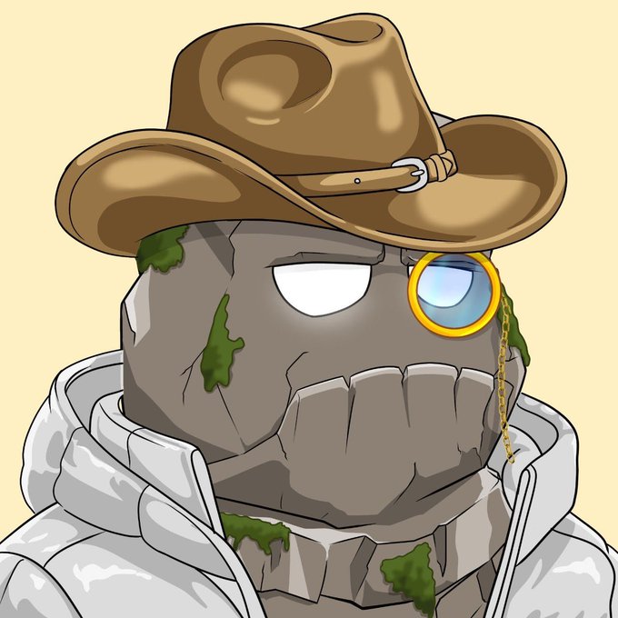 The image depicts a stone-faced character with a monocle adorned with a gold chain, wearing a brown cowboy hat and a grey hoodie, with moss growing on its head and face. The character's gear and appearance suggest a adventurous, explorer-like persona fitting for the "Games of Eden" giveaway announcing 10 Guaranteed and 10 First Come First Served spots.
