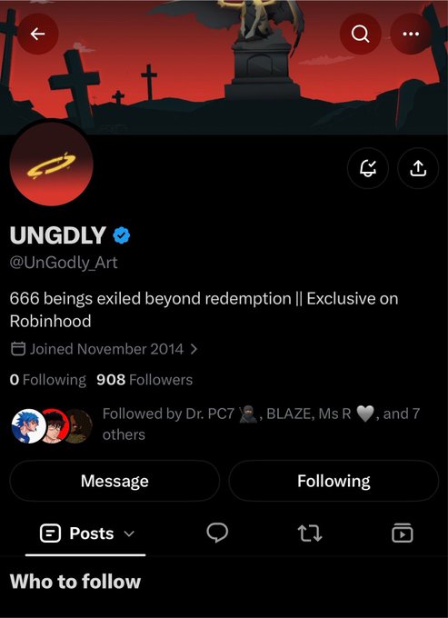 A Twitter/X profile page for user "UNGDLY" (@UnGodly_Art), featuring a dark, gothic-style header and the bio "666 beings exiled beyond redemption || Exclusive on Robinhood."