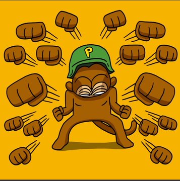 A cartoon illustration of a monkey wearing a green 'P' cap, surrounded by flying brown fists on a yellow background.