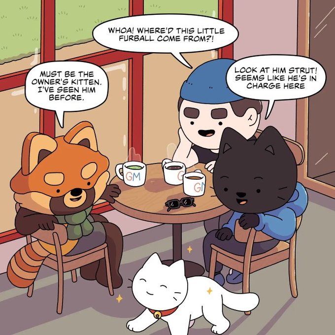A cartoon comic showing a raccoon, a person in a blue beanie, and a black cat sitting at a café table drinking coffee, commenting on a white cat walking by saying 'WHOA! WHERE'D THIS LITTLE FURBALL COME FROM?!'