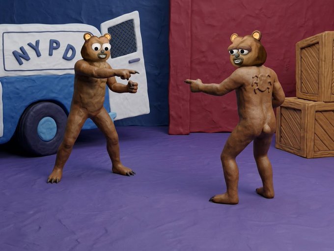 Two claymation-style bear characters point at each other in a dramatic standoff, with one standing beside an "NYPD" van and the other near wooden crates—humorously capturing the playful accusation meme format often used to joke about crypto PFP projects like ClayStonKz dominating timelines.