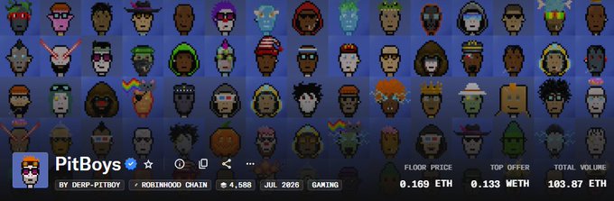 A NFT collection called 'PitBoys' by @erp_pitboy on the Robinhood Chain, featuring pixel art character avatars, with a floor price of 0.169 ETH, top offer of 0.133 ETH, and total volume of 103.87 ETH.