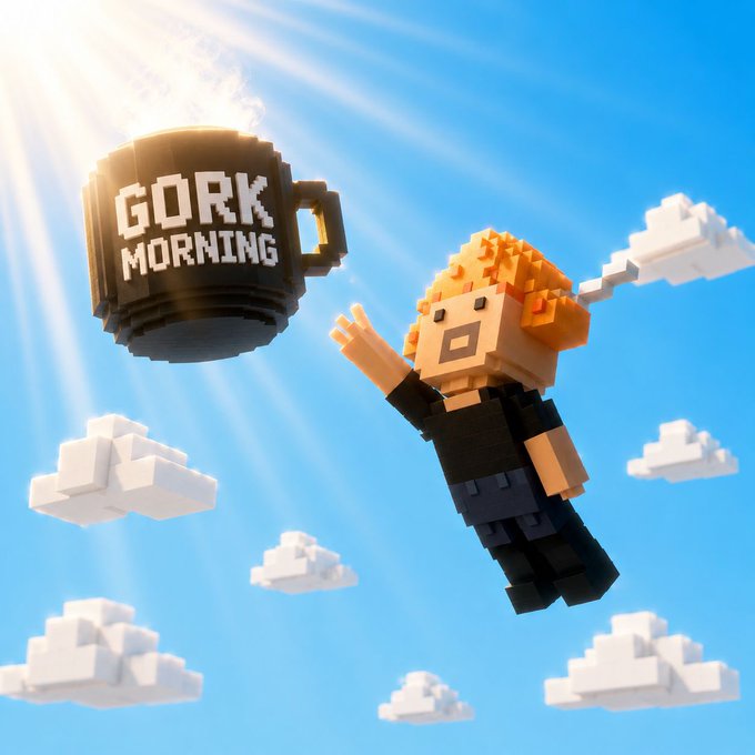 A 3D voxel-style character with orange hair floats in a blue sky with blocky white clouds, reaching toward a black coffee mug labeled "GORK MORNING."
