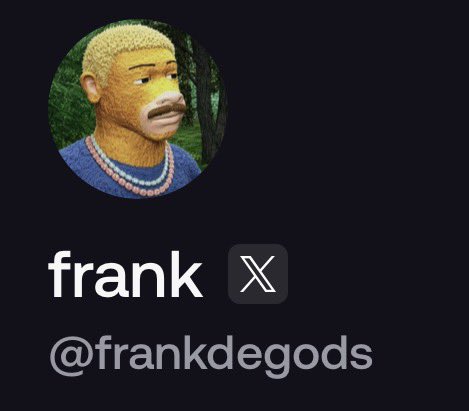 A profile picture for "frank" (@frankdegods) on X, featuring a portrait of a man with blonde hair and mustache wearing a blue shirt and chains against a dark background. The image serves as the user's avatar accompanying a post about someone transforming their FOMO trading account into $1M.