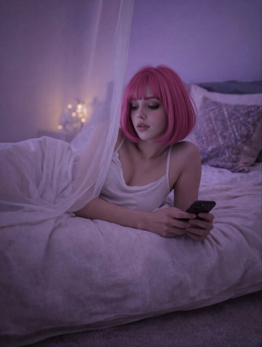 A young woman with a bright pink bob wig lies on a bed under soft, purple-toned lighting, holding a smartphone while looking at the screen.