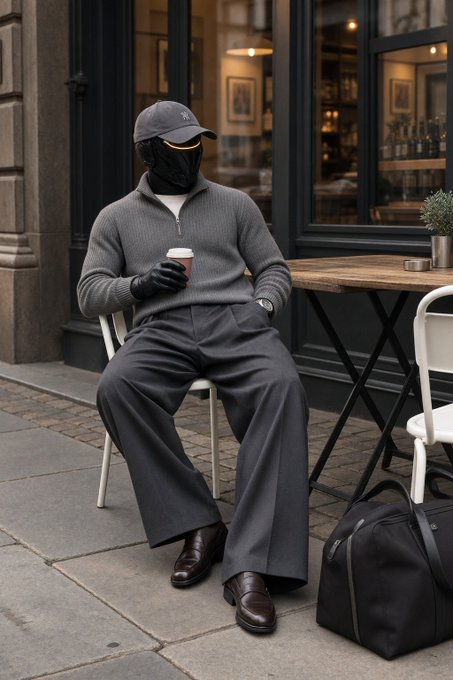 A person dressed entirely in dark gray sits at an outdoor cafe table holding a coffee cup, wearing a cap, face mask, gloves, and wide-leg pants, with a black duffel bag beside them.