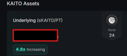 A KAITO Assets dashboard screenshot showing 'Underlying (sKAITO/PT)' with a blackened/redacted area, a '4.8x Increasing' badge, and 'Rank 24'.