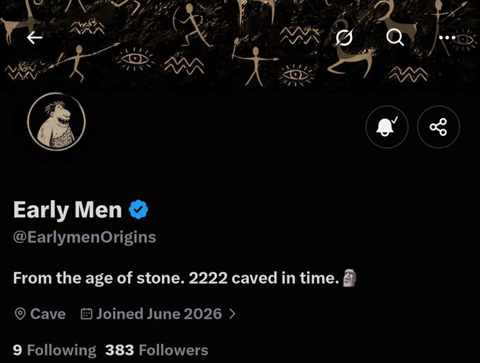The image shows an X (Twitter) profile for the verified account "Early Men" (@EarlymenOrigins), with the tagline "From the age of stone. 2222 caved in time." and a follower count of 383. The post references the account's "2222 Supply," which aligns with the bio's "2222 caved in time" wording and hints at the project's upcoming Robinhood launch and limited token supply.