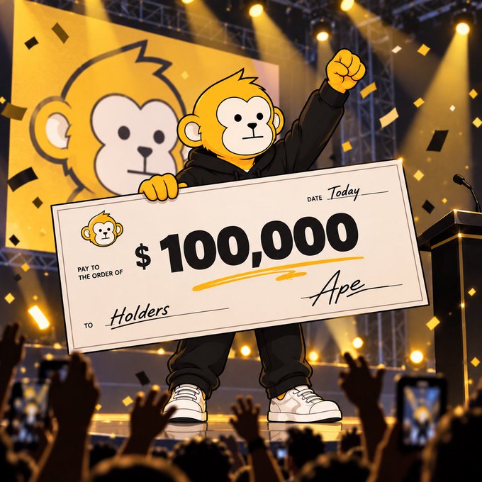 A cartoon monkey character triumphantly holds a giant $100,000 check made out to "Holders" and signed by "Ape," standing on a stage before a cheering crowd, visually celebrating Arbitrage Ape's $100,000 payout to holders.