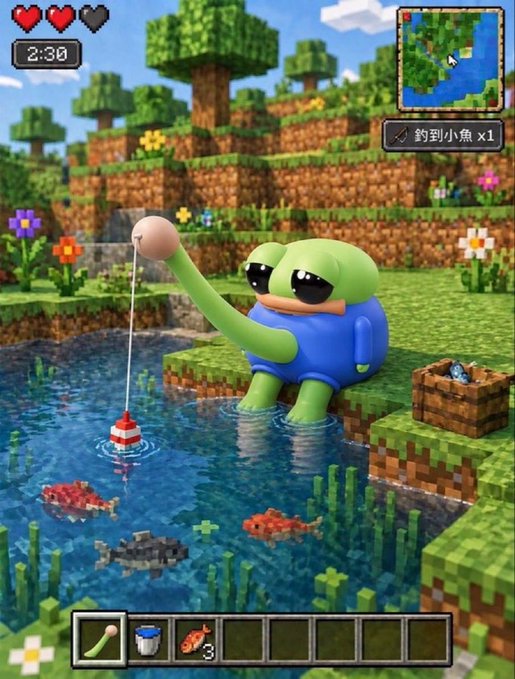 A screenshot of a Minecraft-inspired mobile game features a cute green character with sunglasses fishing in a blocky pond, with a mini-map in the corner and an inventory bar at the bottom.