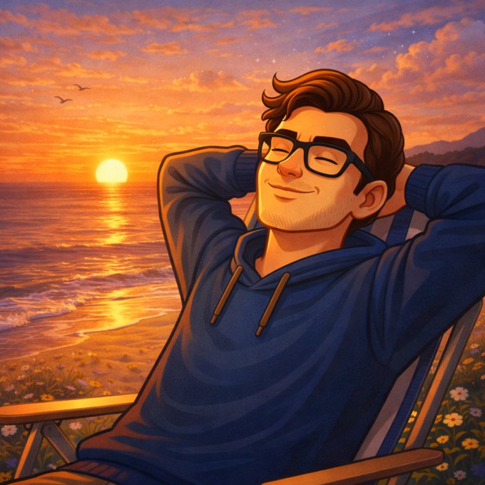 A cartoon-style man in glasses and a blue hoodie relaxes with his hands behind his head, smiling contentedly while watching a golden sunset over the ocean, with birds flying in the colorful sky and wildflowers in the foreground. The serene, leisurely mood of the image complements the post's message about the relaxed, friction-free developer experience offered by @CNPYNetwork's blockchain ecosystem.