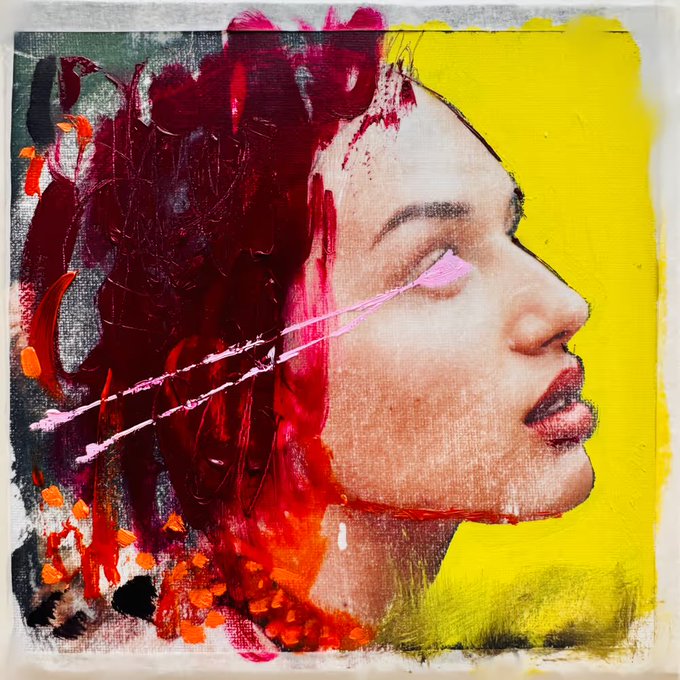 An expressive painted portrait of a woman's profile in side view with closed eyes and pink eyelashes, featuring dramatic red, orange, and yellow paint strokes.