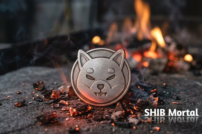 A metallic Shiba Inu coin sits amid smoldering embers and flames, visually reinforcing the post's message about $SHIB tokens being permanently removed from circulation, with "SHIB Mortal" branding in the corner highlighting the coin's destruction as part of the community's ongoing supply reduction efforts.