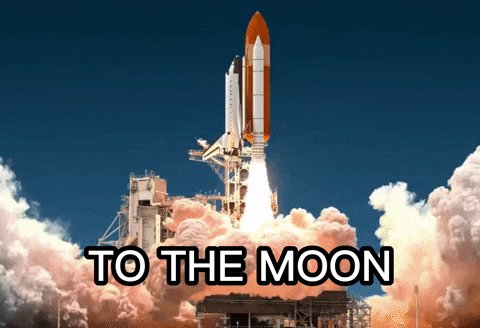 The image features a rocket launch with the words "To The Moon" written above it, indicating that the rocket is about to take off into space. The rocket can be seen launching from a launchpad, which is located at the bottom of the image. The sky in the background shows some clouds and appears to be blue.