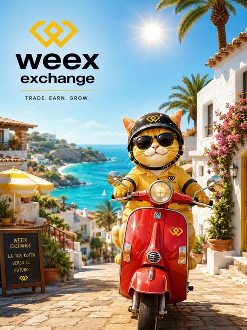 A stylish orange cat mascot wearing sunglasses and a helmet rides a red Vespa through a sunny Italian coastal village, promoting the "WEEX Exchange" with the tagline "TRADE. EARN. GROW." and a chalkboard sign reading "WEEX Exchange: La tua rotta verso il futuro," fitting the campaign's call for original Italy vacation photos.
