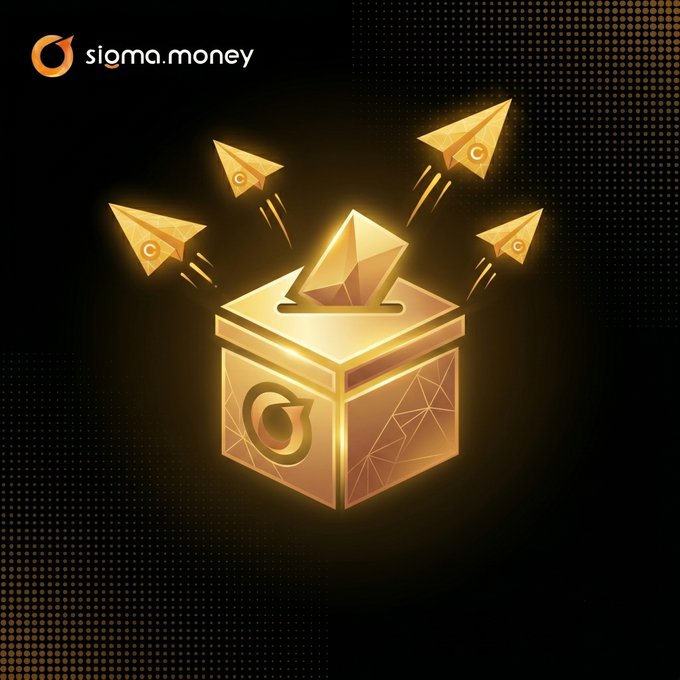 The image features a golden box with a pyramid shape, surrounded by gold rays that are shining brightly against a black background. The box has a label on it that reads "Vote", indicating its purpose as an electronic voting system. There are five yellow paper airplanes flying around the box and above it, creating a sense of movement and excitement. The text in the image includes "Happy Wednesday" and "$xSIGMA holders!", suggesting that this is related to a special event or promotion for those who have voted online using the electronic voting system.