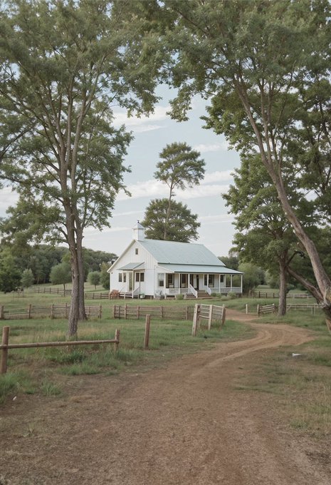 A serene white house with a green roof and a front porch sits behind a wooden fence, framed by large trees along a dirt path on a partly cloudy day.