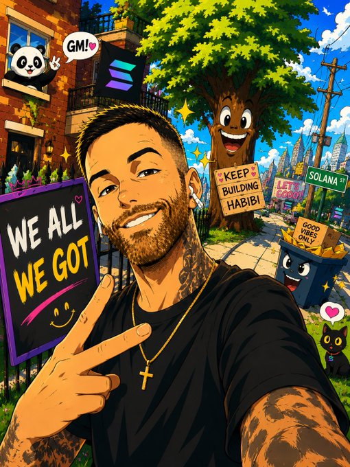 An illustrated portrait of a smiling tattooed man wearing a cross necklace and earbuds, holding up a peace sign with signs reading 'GM!', 'WE ALL WE GOT', 'KEEP BUILDING HABIBI', 'LETS COOOK!', and 'GOOD VIBES ONLY', alongside a Solana sign, a panda, a talking tree, and a boombox character.