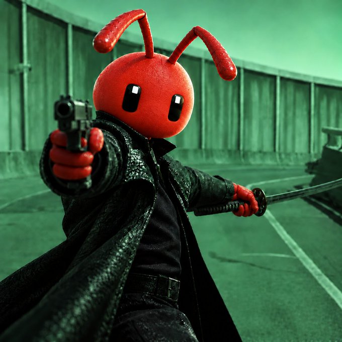 A 3D-rendered figure with a red ant-shaped head, wearing a long dark coat, points a pistol directly at the camera while holding a sword, set against a green-tinted industrial background.