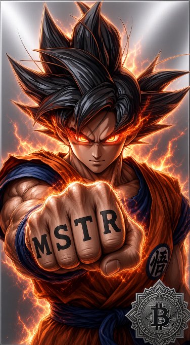 An anime-style illustration of a Goku-like character with spiky black hair in an orange gi, with 'MSTR' tattooed on his knuckles and a Bitcoin 'B' logo emblem in the corner.