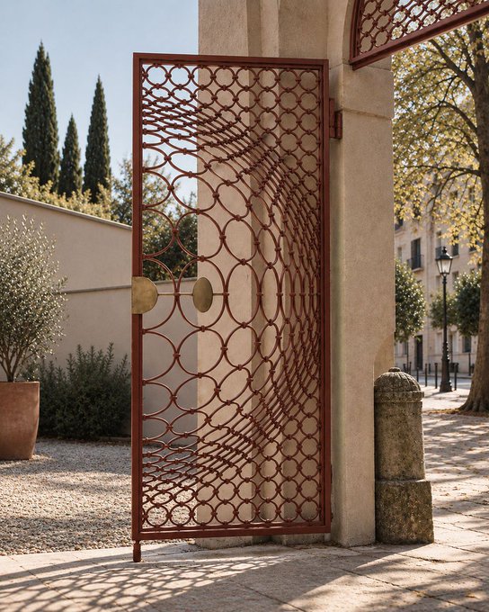 An ornate rust-colored metal gate with a circular pattern design stands partially open next to a stone pillar, with cypress trees and a Mediterranean-style building visible in the sunny background.