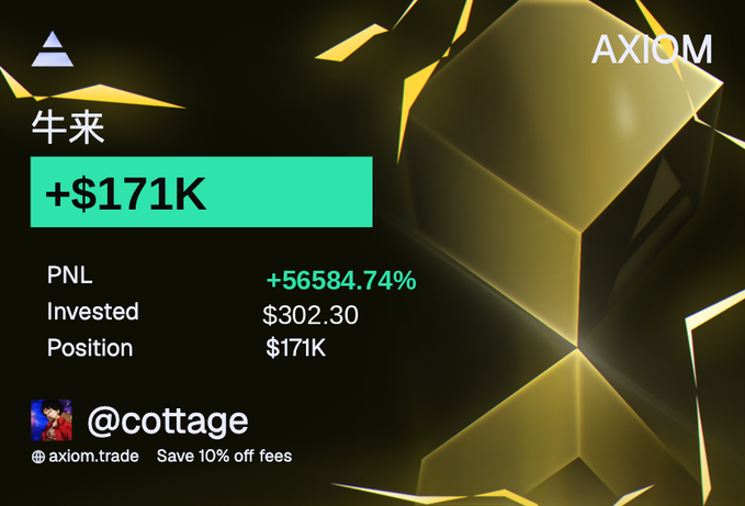 The image is an Axiom promotional graphic highlighting trader @cottage's exceptional return on the "$牛来" token, showing a PNL of +56584.74% on a $302.30 investment that grew to a $171K position—visually reinforcing the post's claim of turning $300 into a $170k profit.