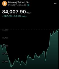 A cryptocurrency price tracker screen showing Bitcoin/TetherUS on Binance at $84,007.90 USDT, up $507.89 (+0.61%) today, with a green line chart showing a strong upward trend on a dark background.