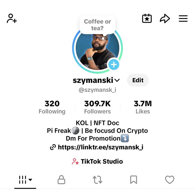 The image shows a TikTok profile for "szymanski" (@szymansk_i), a KOL and NFT Doc with 309.7K followers, 3.7M likes, and 320 following, featuring a "Coffee or tea?" caption bubble. The profile supports the caption's boast about being a leading Nigerian web3 content creator, showcasing impressive engagement metrics on TikTok with a TikTok Studio affiliation.