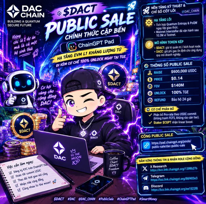 A vibrant promotional poster for '$DACT PUBLIC SALE' by DAC Chain features a cartoon character, a robot, and technical details in Vietnamese.