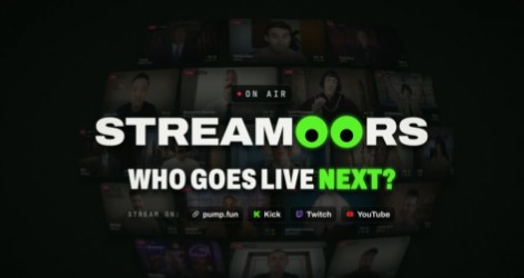 A promotional graphic for 'STREAMOORS' with the tagline 'WHO GOES LIVE NEXT?' and logos for Starlar, Pump.fun, Kick, Twitch, and YouTube.