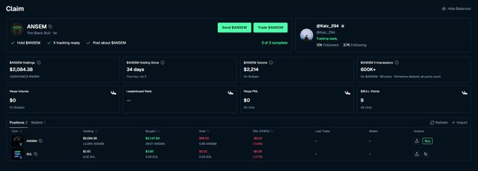 A dashboard screenshot showing a 'Claim' page for a token with $ANSEM ticker on The Black Bull platform, displaying metrics like $2,054.38 market cap and $2,214 volume.
